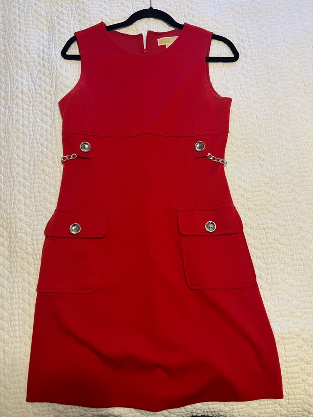 Michael Kors Bright Red Sleeveless Shift Dress with Chain Detail